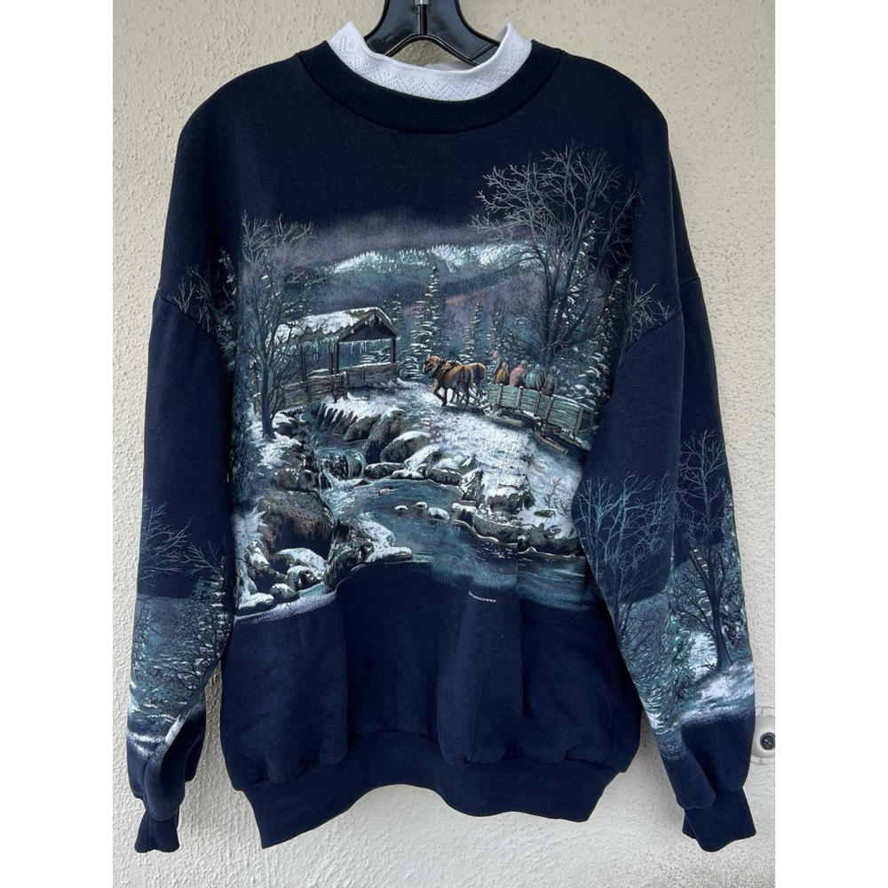 VTG 90's Art Unlimited Winter Wonderland AOP Sweatshirt XL Deer Lake USA Cabin - Picture 2 of 13